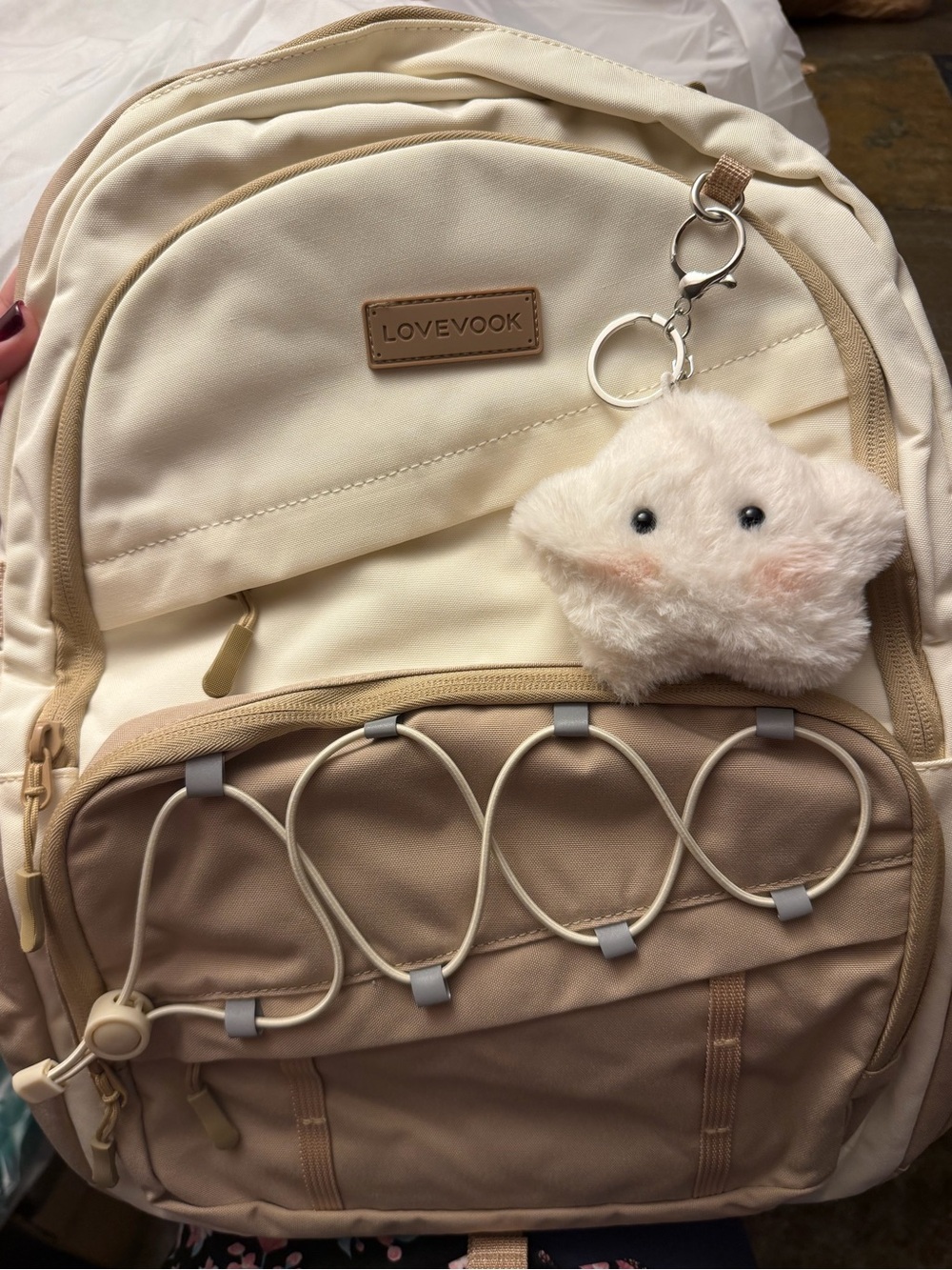Cream & Tan Kids Backpack with Plush Cloud Keychain